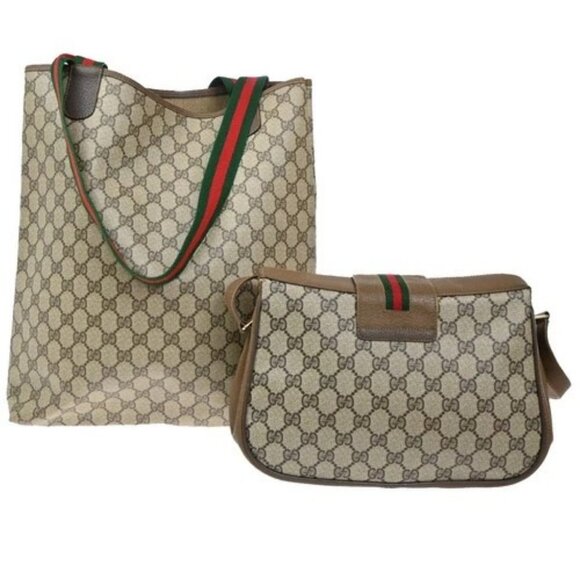 GUCCI Logo Sherry GG Pattern 2set Hand Bag PVC Leather Brown Italy 86TA227 - Picture 2 of 12